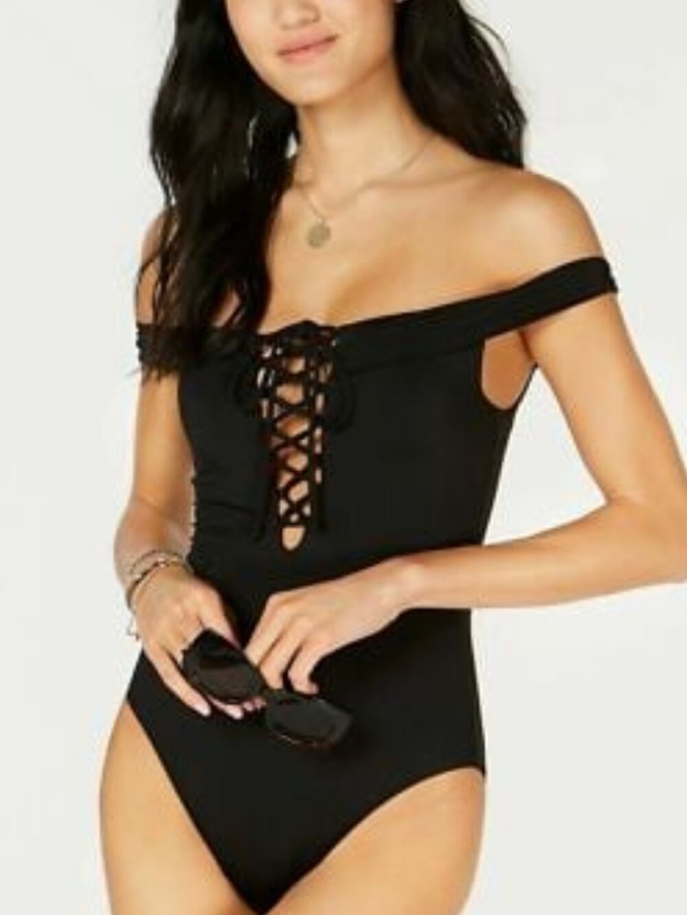 NWT BAR III One Piece Swimsuit Lace-Up Off-Shoulders Black S